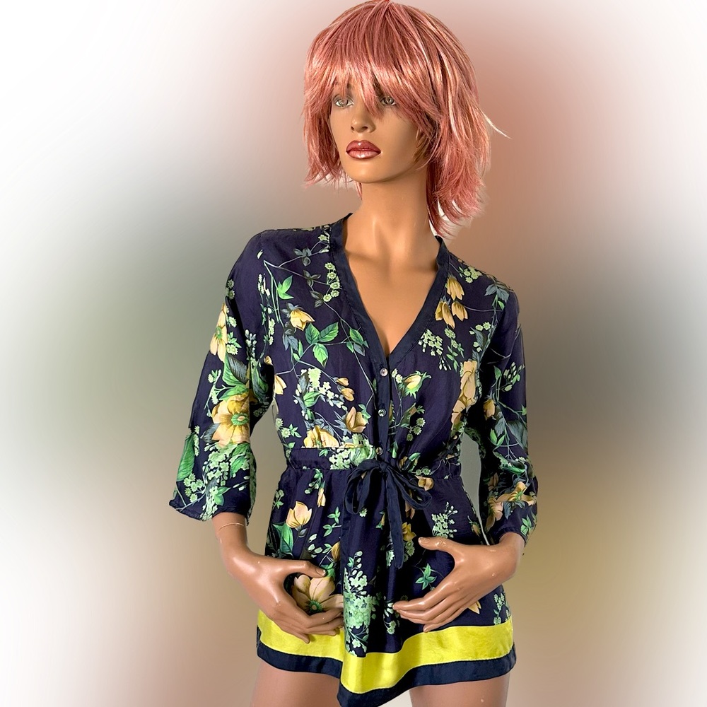 Johnny Was Navy Floral Silk Tunic Top